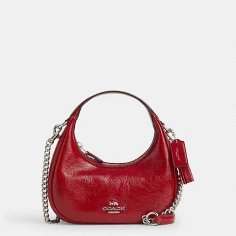 Coach Carmen Mini Red Textured Leather Shoulder Bag with Chain Strap